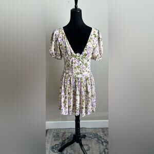 NWOT Women's Cottagecore Corset Plunge Neckline Puff Sleeve Floral Dress Size M